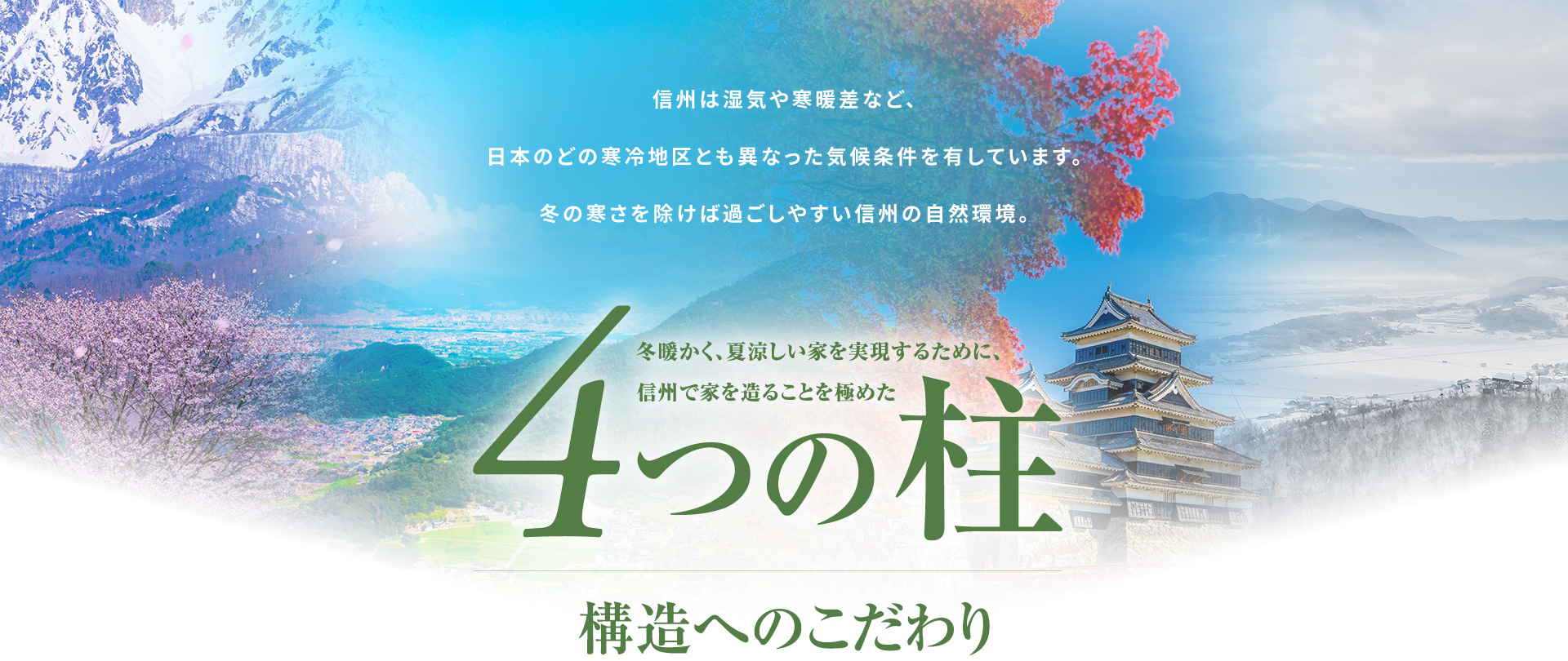 信州は湿気や寒暖差など、日本のどの寒冷地区とも異なった気候条件を有しています。冬暖かく、夏涼しい家を実現するために、信州で家を造ることを極めた4つの柱、構造へのこだわり。