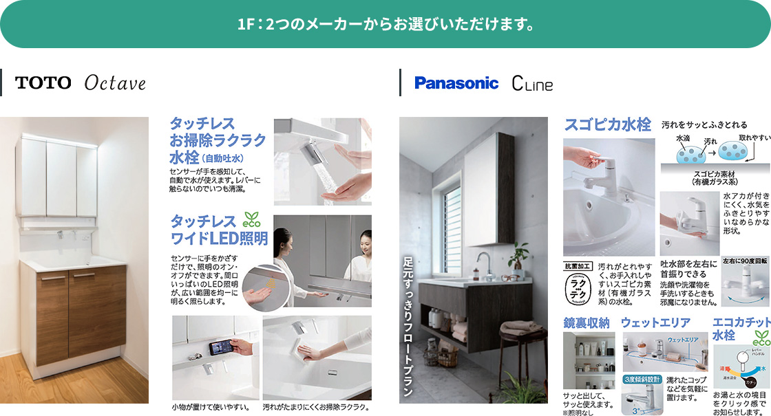 1F：2つのメーカーからお選びいただけます。TOTO Octaveはタッチレスお掃除ラクラク水栓（自動吐水）、タッチレスワイドLED照明。Panasonic C-Lineは足元すっきりフロートプラン、有機ガラス系のスゴピカ水栓、鏡裏収納、ウェットエリア、エコカチット水栓。