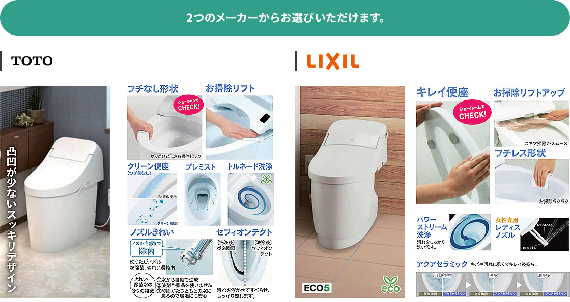 2つのメーカーからお選びいただけます。TOTOは凸凹が少ないスッキリデザイン、フチなし形状、お掃除リフト、クリーン便座（つぎ目なし）、プレミスト、トルネード洗浄、ノズルきれい、セフィオンテクト。LIXILはキレイ便座、お掃除リフトアップ、フチレス形状、パワーストリーム洗浄、女性専用レディスノズル、アクアセラミック、ECO5。