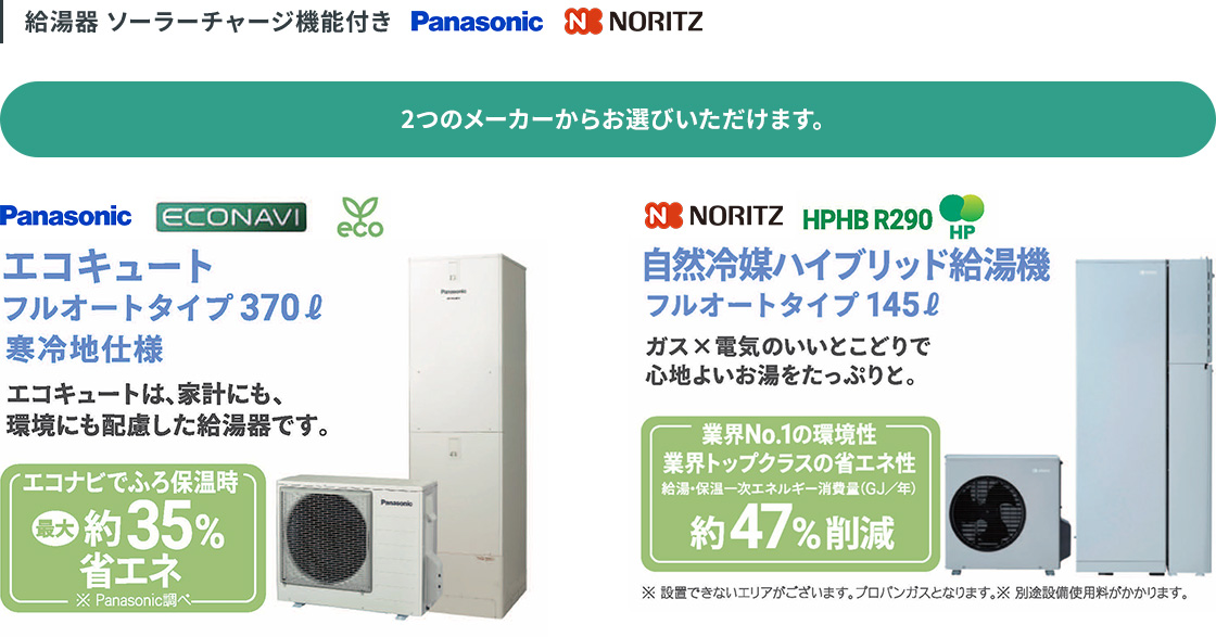 給湯器 ソーラーチャージ機能付き。2つのメーカーから選べる。Panasonic エコキュート フルオートタイプ 370L 寒冷地仕様は、エコナビでふろ保温時最大約35%省エネ。NORITZ 自然冷媒ハイブリッド給湯機 フルオートタイプ 145Lはガス×電気で、給湯・保温一次エネルギー消費量を約47%削減。