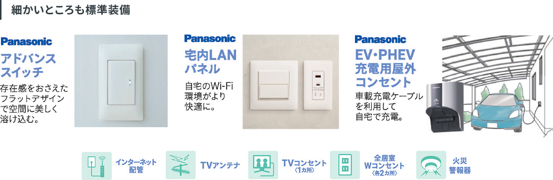 細かいところも標準装備。Panasonicのアドバンススイッチ、宅内LANパネル、EV・PHEV充電用屋外コンセント。インターネット配管、TVアンテナ、TVコンセント、全居室Wコンセント、火災警報器。