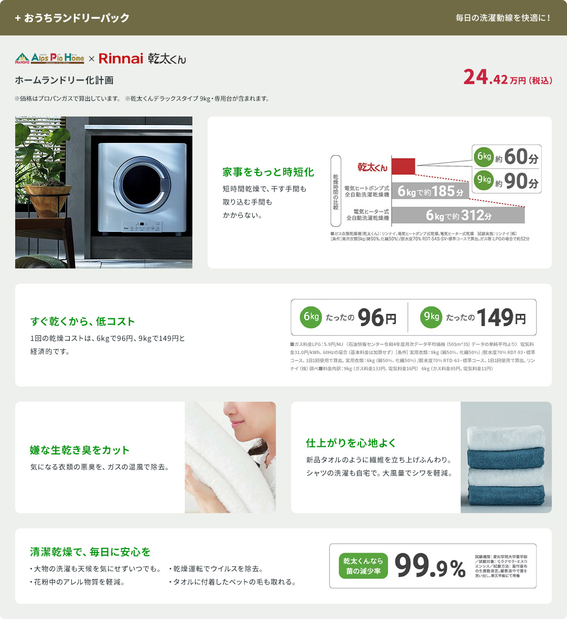 +おうちランドリーパック。Rinnai 乾太くん。24.42万円(税込)。ホームランドリー化計画で家事をもっと時短化。ガス温風で嫌な生乾き臭をカットし、仕上がりを心地よくふんわり。菌の減少率99.9%で清潔乾燥。
