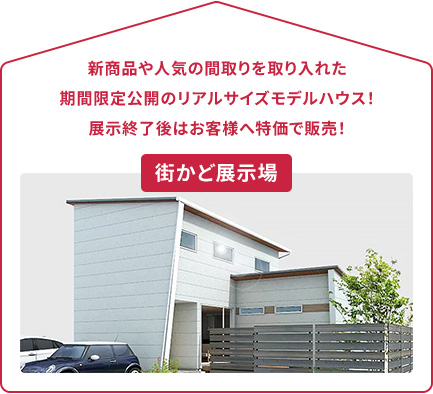 街かど展示場  新商品や人気の間取りを取り入れた期間限定公開のリアルサイズモデルハウス！展示終了後はお客様へ特価で販売！